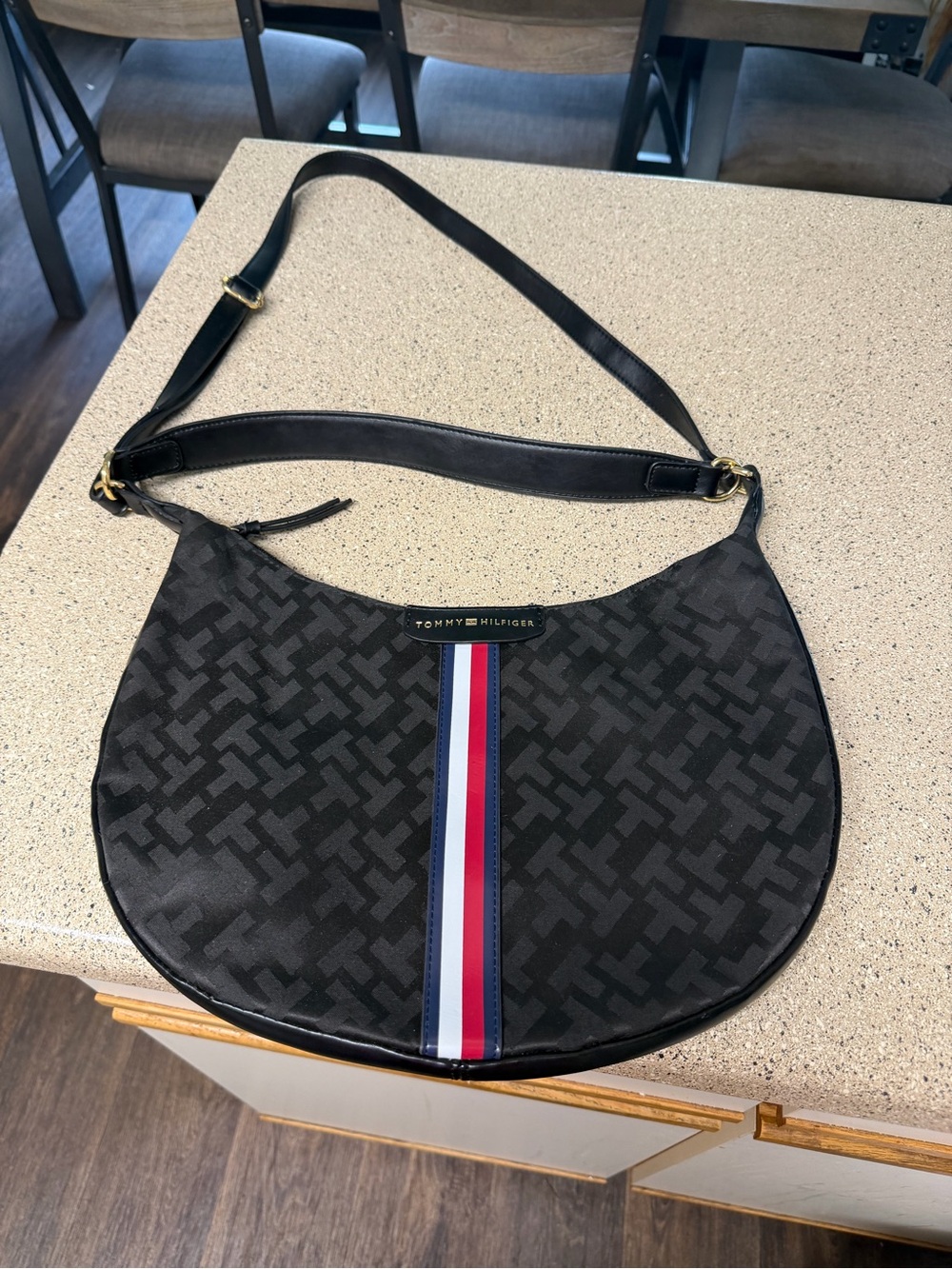 Tommy Hilfiger Black Shoulder Bag with Red White Blue Stripe